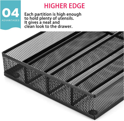 Utensil Drawer Organizer, Cutlery Tray Silverware Flatware Storage Divider for Kitchen, Mesh Wire with Non-slip Foam Feet, 5 Component, Black
