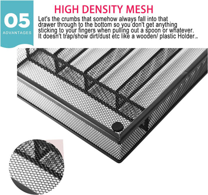 Utensil Drawer Organizer, Cutlery Tray Silverware Flatware Storage Divider for Kitchen, Mesh Wire with Non-slip Foam Feet, 5 Component, Black
