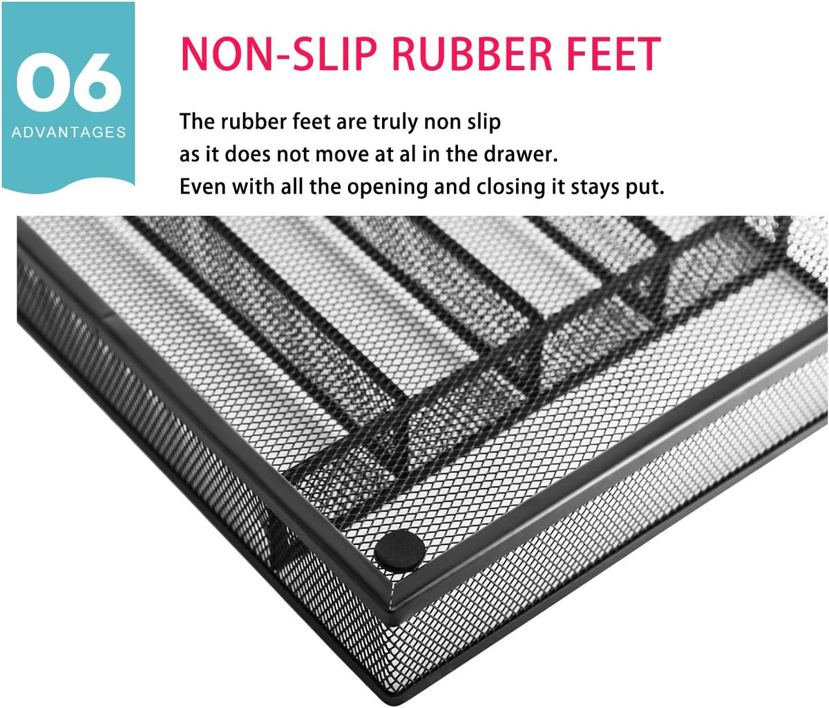 Utensil Drawer Organizer, Cutlery Tray Silverware Flatware Storage Divider for Kitchen, Mesh Wire with Non-slip Foam Feet, 5 Component, Black