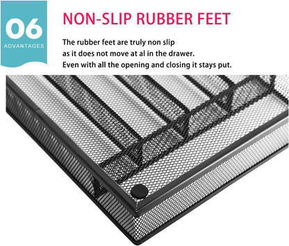 Utensil Drawer Organizer, Cutlery Tray Silverware Flatware Storage Divider for Kitchen, Mesh Wire with Non-slip Foam Feet, 5 Component, Black