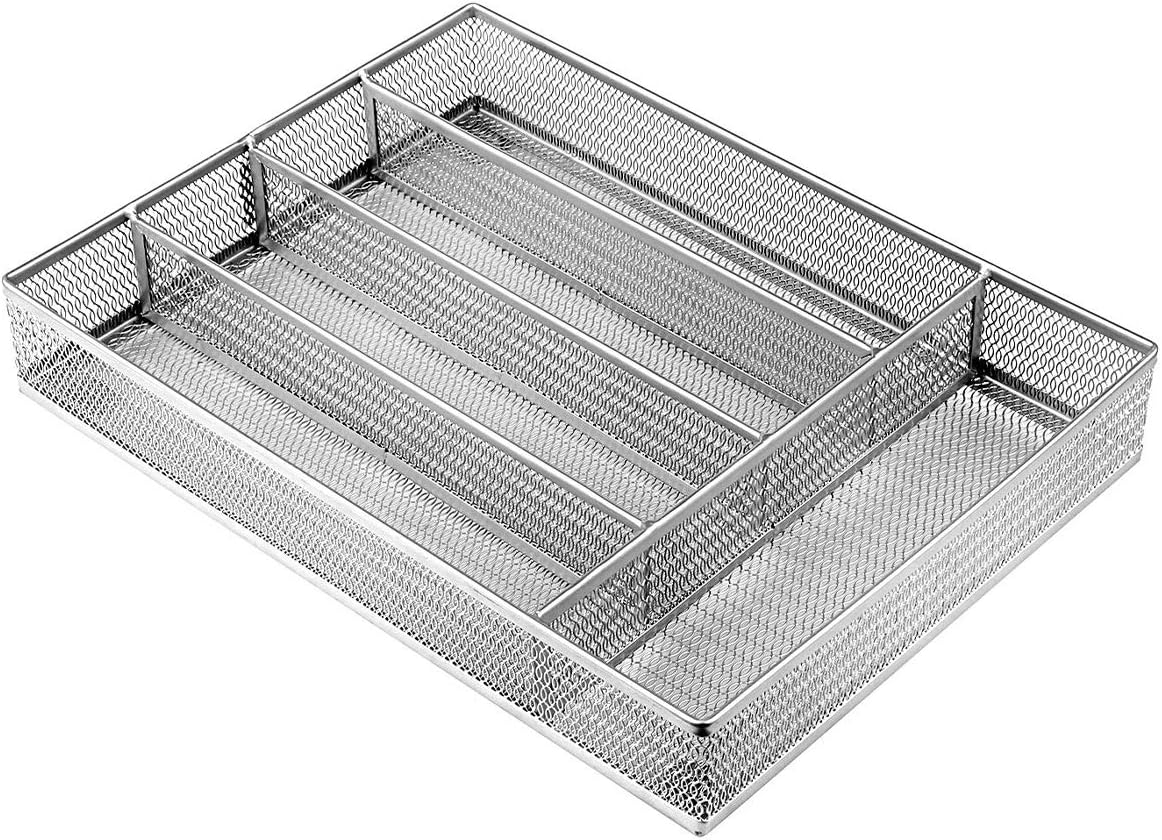 Utensil Drawer Organizer, Cutlery Tray Silverware Flatware Storage Divider for Kitchen, Mesh Wire with Non-slip Foam Feet, 5 Component, Black