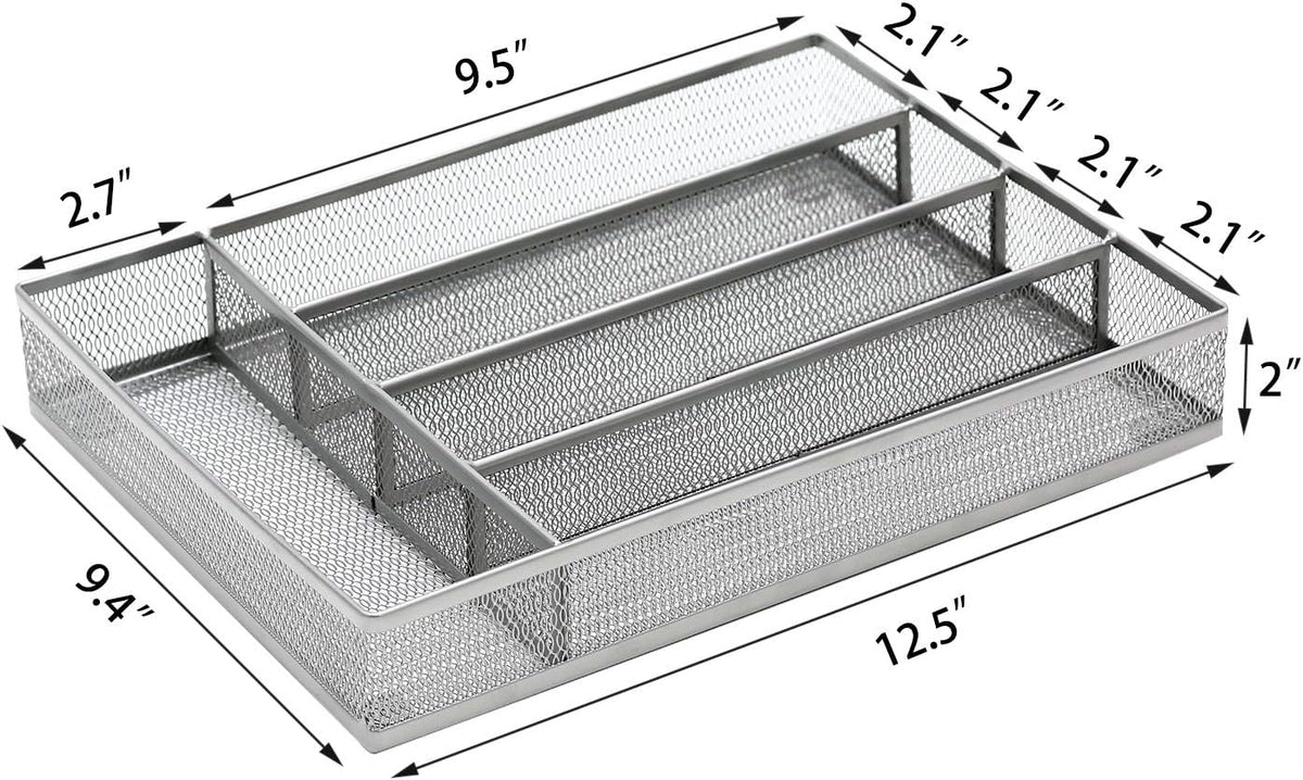 Utensil Drawer Organizer, Cutlery Tray Silverware Flatware Storage Divider for Kitchen, Mesh Wire with Non-slip Foam Feet, 5 Component, Black
