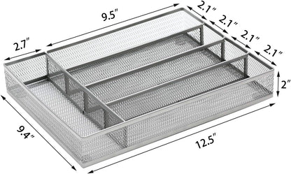 Utensil Drawer Organizer, Cutlery Tray Silverware Flatware Storage Divider for Kitchen, Mesh Wire with Non-slip Foam Feet, 5 Component, Black
