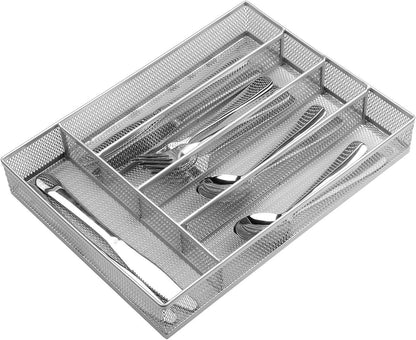 Utensil Drawer Organizer, Cutlery Tray Silverware Flatware Storage Divider for Kitchen, Mesh Wire with Non-slip Foam Feet, 5 Component, Black