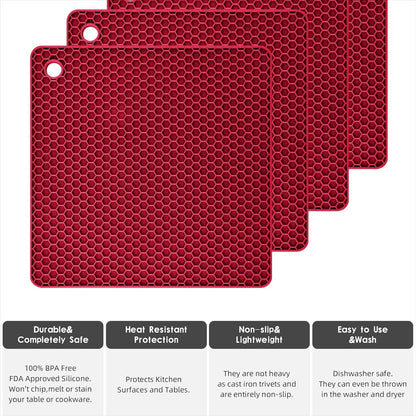 Silicone Trivets for Hot Dishes, Pots and Pans, Hot Pads for Kitchen, Dark Grey Silicone Pot Holders Mats for Kitchen Quartz Counter Heat Resistant Mat, Flexible Trivet Mat Set 4