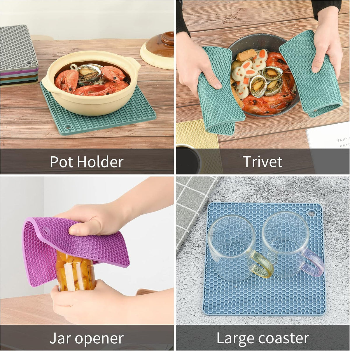 Silicone Trivets for Hot Dishes, Pots and Pans, Hot Pads for Kitchen, Dark Grey Silicone Pot Holders Mats for Kitchen Quartz Counter Heat Resistant Mat, Flexible Trivet Mat Set 4