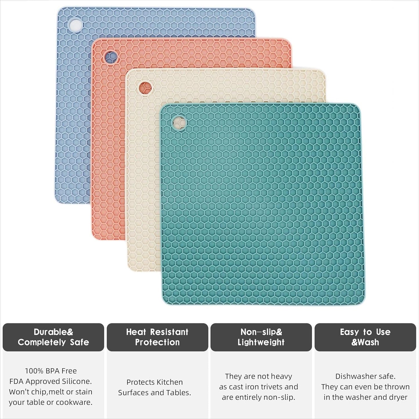 Silicone Trivets for Hot Dishes, Pots and Pans, Hot Pads for Kitchen, Dark Grey Silicone Pot Holders Mats for Kitchen Quartz Counter Heat Resistant Mat, Flexible Trivet Mat Set 4
