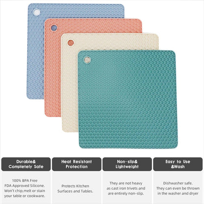Silicone Trivets for Hot Dishes, Pots and Pans, Hot Pads for Kitchen, Dark Grey Silicone Pot Holders Mats for Kitchen Quartz Counter Heat Resistant Mat, Flexible Trivet Mat Set 4