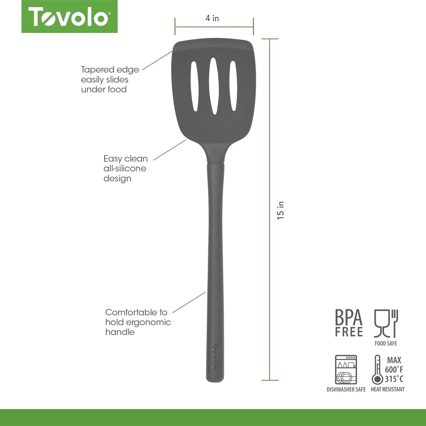 Flex Core Silicone Slotted Turner Spatula Kitchen Utensil for Flipping Eggs Burgers Pancakes and More, Easy Clean Dishwasher Safe BPA Free Silicone Flipper Heat Resistant, Charcoal Gray