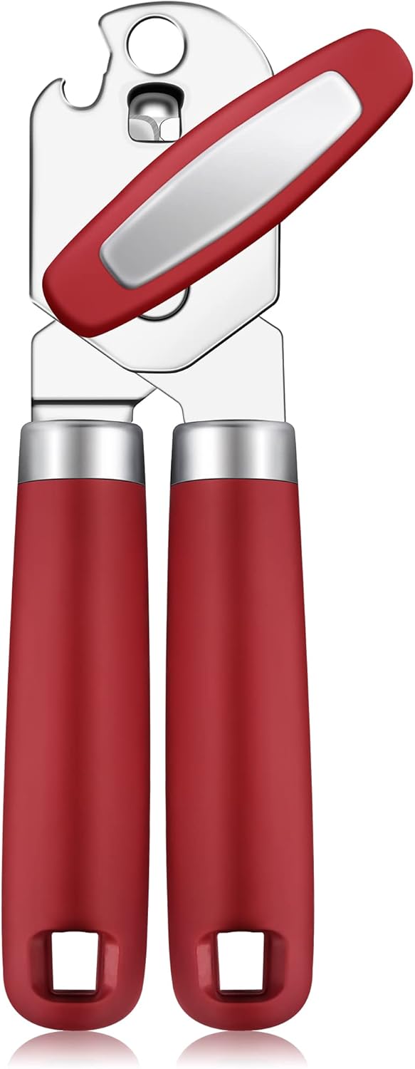 Can Opener Manual Handheld Strong Manual Can Opener Smooth Edge Cut, Can Opener Heavy Duty, Comfortable Soft Handle, Built-in Bottle Opener, Red