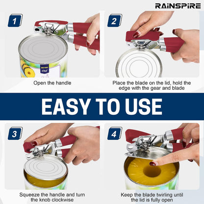 Can Opener Manual Handheld Strong Manual Can Opener Smooth Edge Cut, Can Opener Heavy Duty, Comfortable Soft Handle, Built-in Bottle Opener, Red