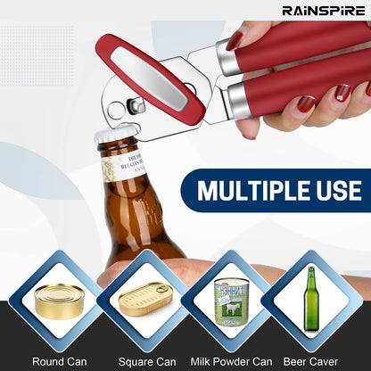 Can Opener Manual Handheld Strong Manual Can Opener Smooth Edge Cut, Can Opener Heavy Duty, Comfortable Soft Handle, Built-in Bottle Opener, Red