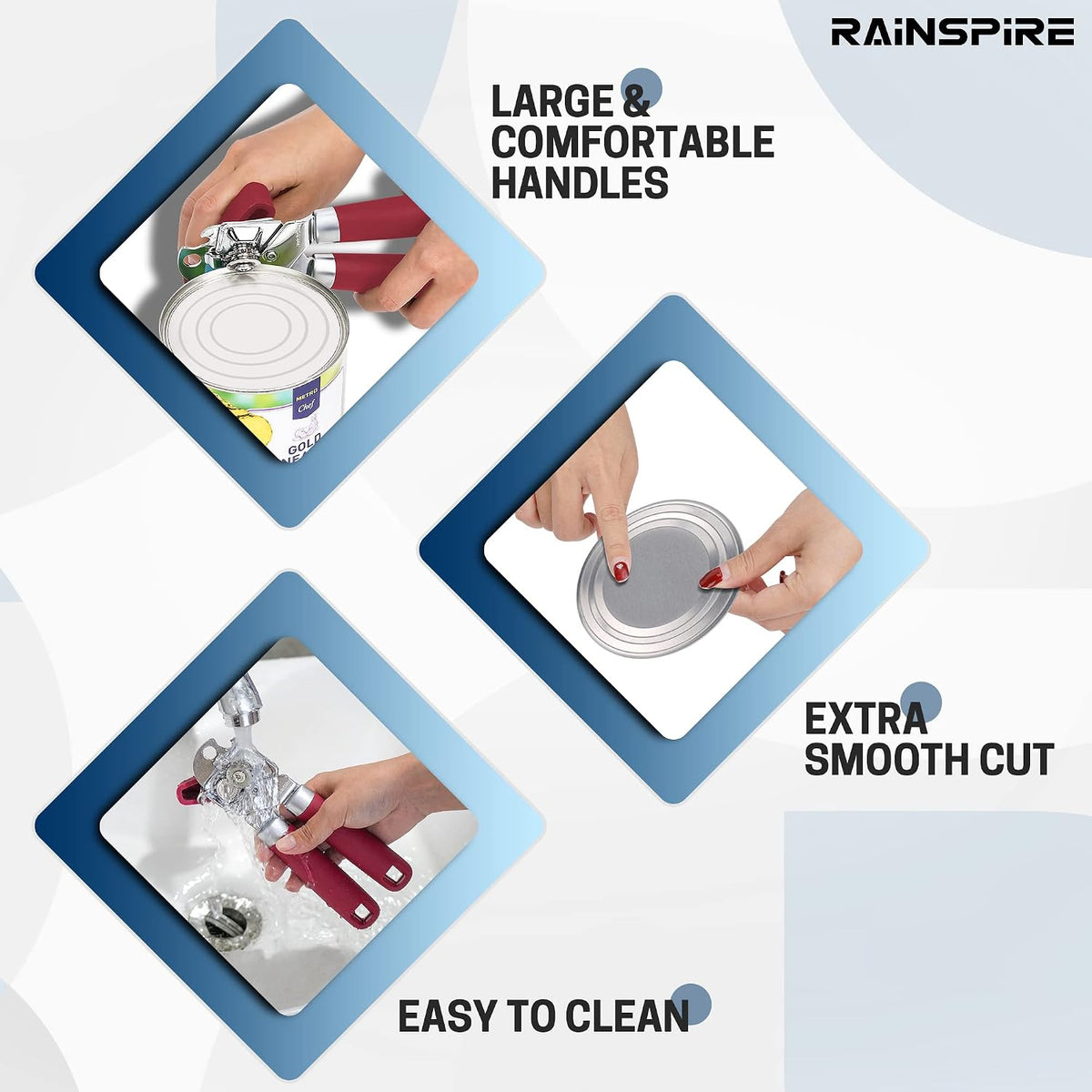 Can Opener Manual Handheld Strong Manual Can Opener Smooth Edge Cut, Can Opener Heavy Duty, Comfortable Soft Handle, Built-in Bottle Opener, Red