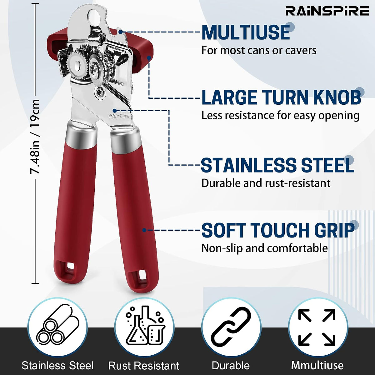 Can Opener Manual Handheld Strong Manual Can Opener Smooth Edge Cut, Can Opener Heavy Duty, Comfortable Soft Handle, Built-in Bottle Opener, Red