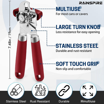 Can Opener Manual Handheld Strong Manual Can Opener Smooth Edge Cut, Can Opener Heavy Duty, Comfortable Soft Handle, Built-in Bottle Opener, Red
