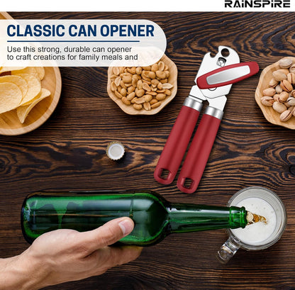 Can Opener Manual Handheld Strong Manual Can Opener Smooth Edge Cut, Can Opener Heavy Duty, Comfortable Soft Handle, Built-in Bottle Opener, Red