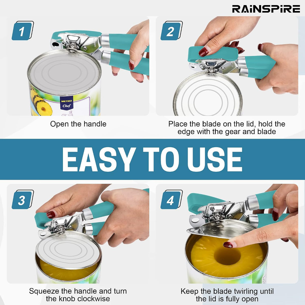 Can Opener Manual Handheld Strong Manual Can Opener Smooth Edge Cut, Can Opener Heavy Duty, Comfortable Soft Handle, Built-in Bottle Opener, Red