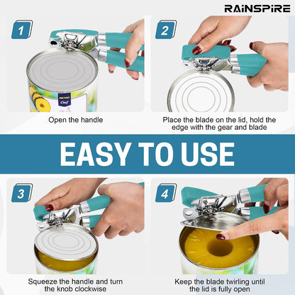 Can Opener Manual Handheld Strong Manual Can Opener Smooth Edge Cut, Can Opener Heavy Duty, Comfortable Soft Handle, Built-in Bottle Opener, Red