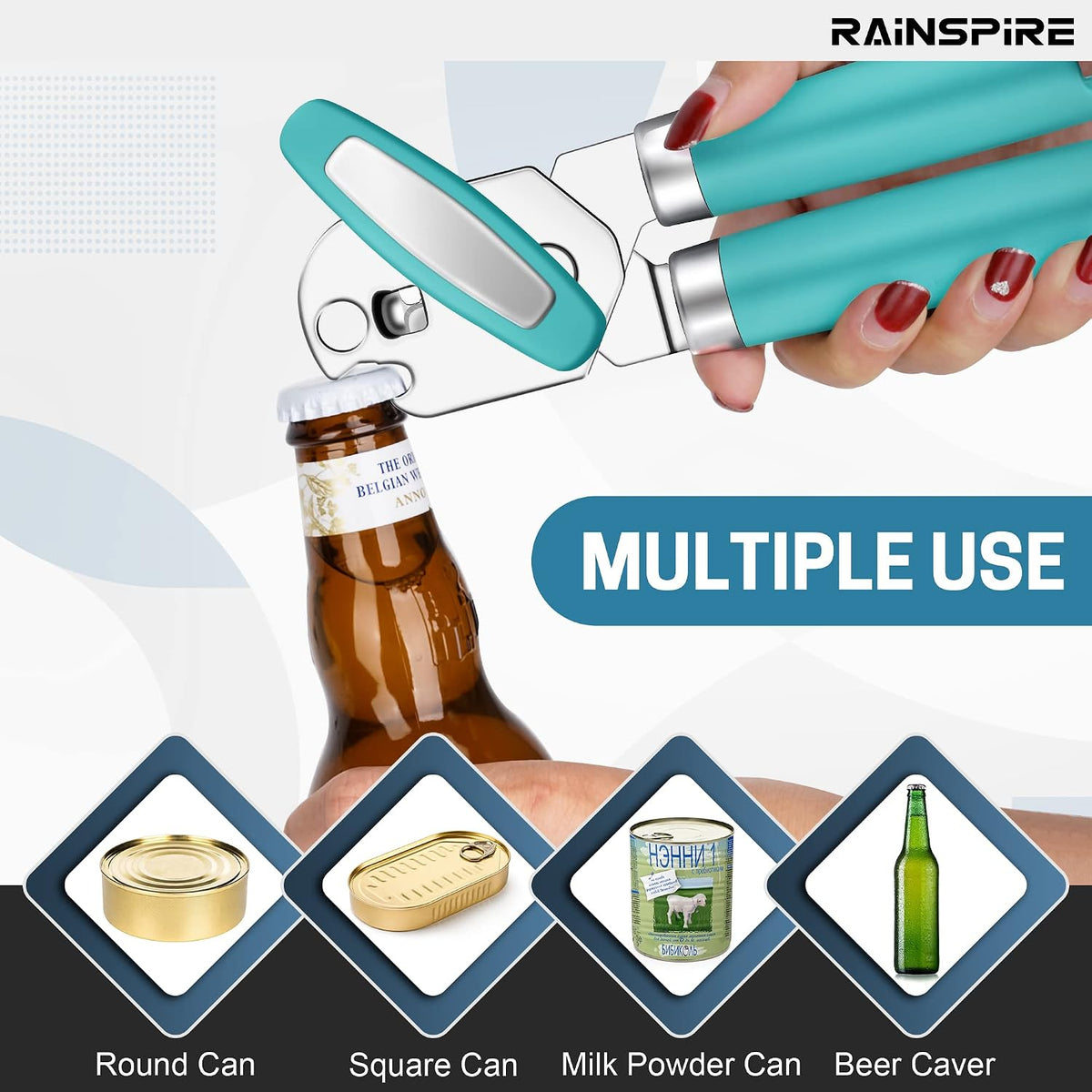 Can Opener Manual Handheld Strong Manual Can Opener Smooth Edge Cut, Can Opener Heavy Duty, Comfortable Soft Handle, Built-in Bottle Opener, Red