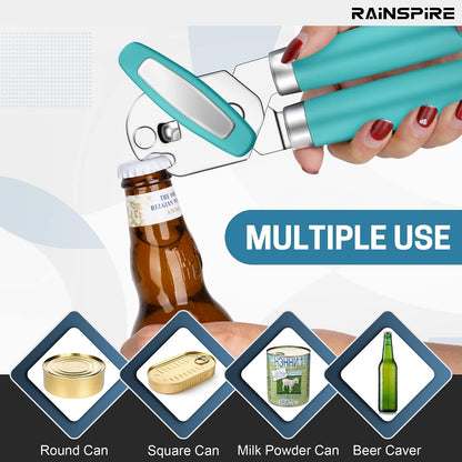 Can Opener Manual Handheld Strong Manual Can Opener Smooth Edge Cut, Can Opener Heavy Duty, Comfortable Soft Handle, Built-in Bottle Opener, Red