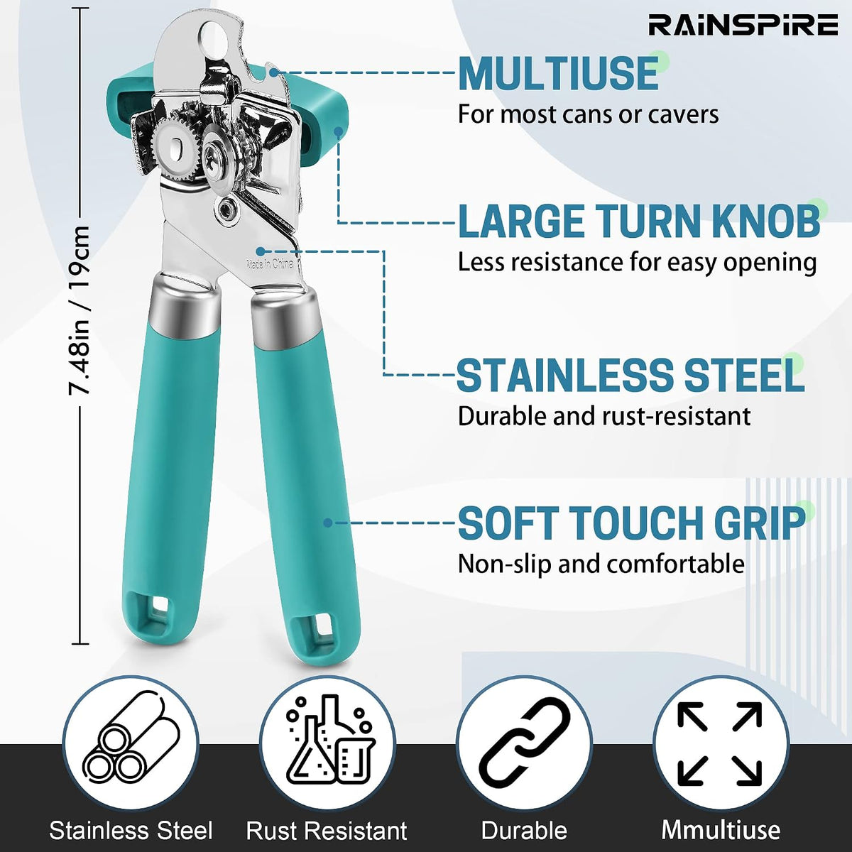 Can Opener Manual Handheld Strong Manual Can Opener Smooth Edge Cut, Can Opener Heavy Duty, Comfortable Soft Handle, Built-in Bottle Opener, Red