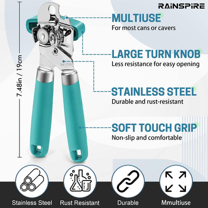 Can Opener Manual Handheld Strong Manual Can Opener Smooth Edge Cut, Can Opener Heavy Duty, Comfortable Soft Handle, Built-in Bottle Opener, Red