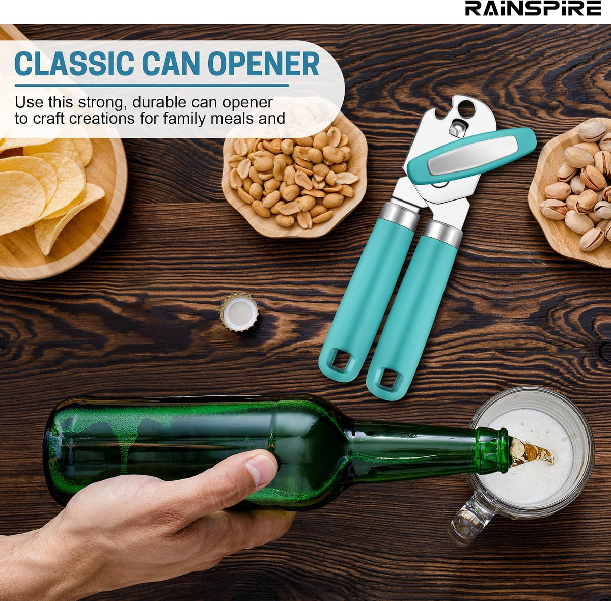 Can Opener Manual Handheld Strong Manual Can Opener Smooth Edge Cut, Can Opener Heavy Duty, Comfortable Soft Handle, Built-in Bottle Opener, Red