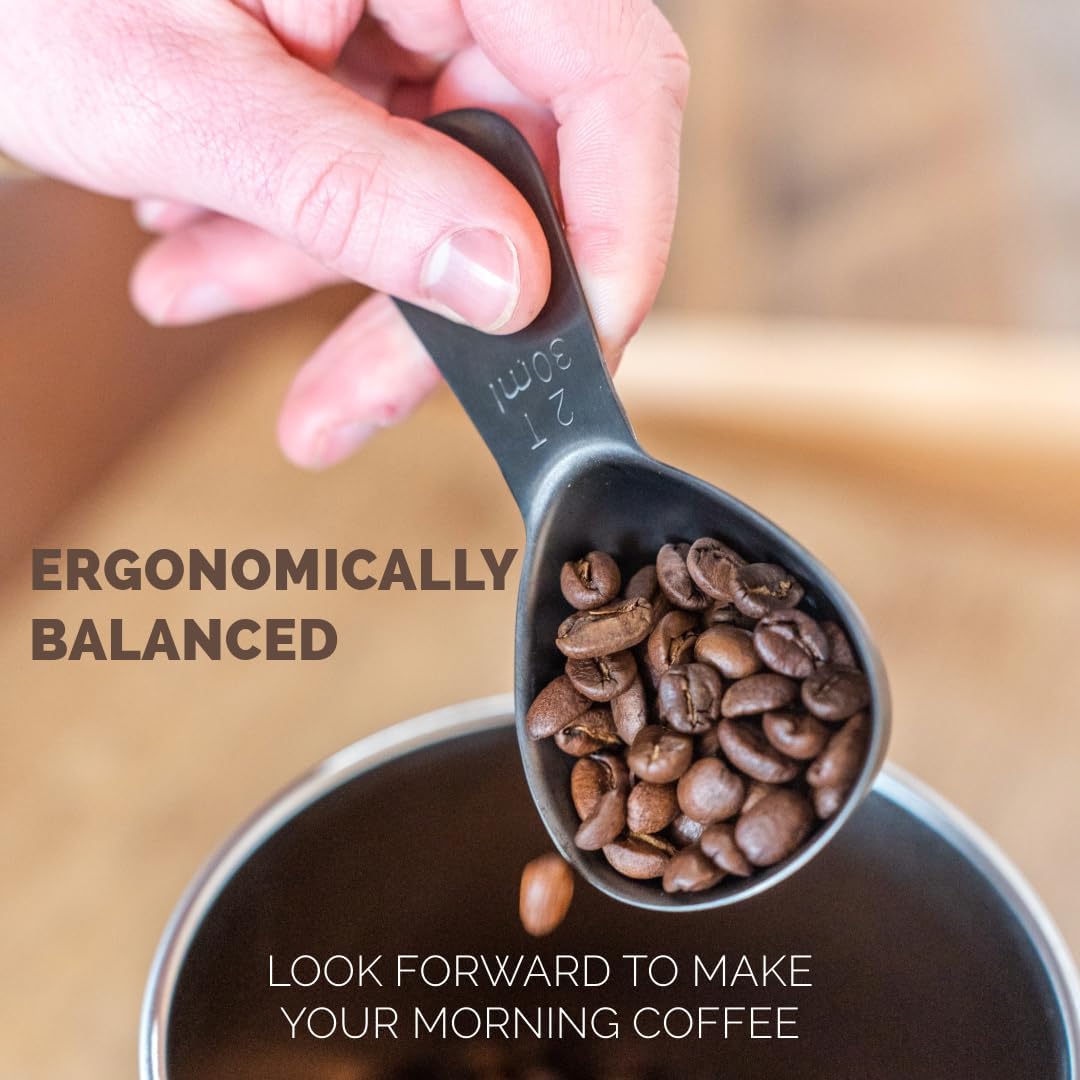 Coffee Scoop | 2 Tbsp | Brushed Black | Ergonomic Handle Stainless Steel | Precise Measuring Spoon for Coffee, Tea & More – Ergonomically Balanced Handle – Fits Inside Airscape Canisters