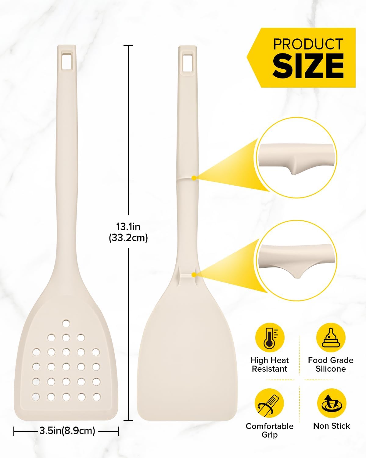 Silicone Spatula, Solid & Slotted Turner, One-Piece, Khaki