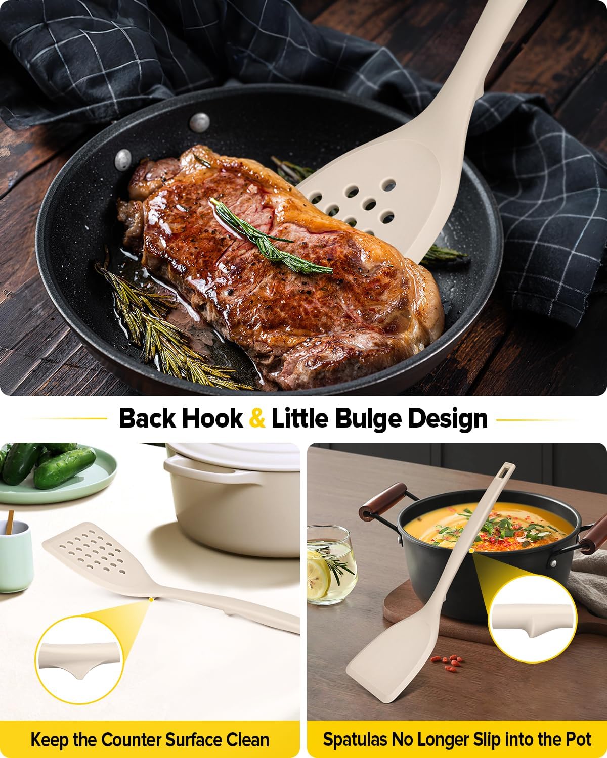 Silicone Spatula, Solid & Slotted Turner, One-Piece, Khaki
