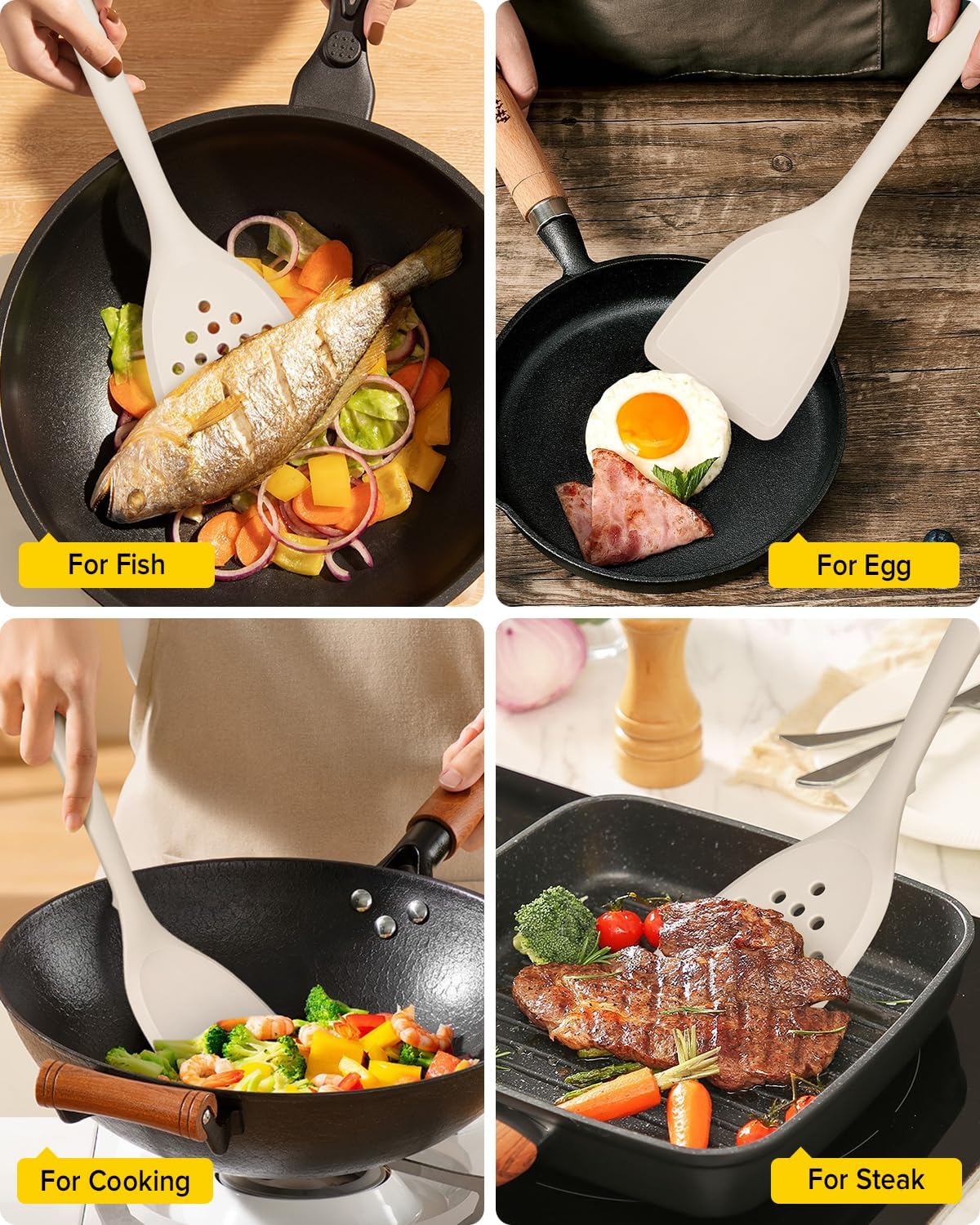 Silicone Spatula, Solid & Slotted Turner, One-Piece, Khaki