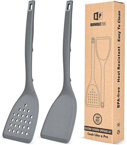 Silicone Spatula, Solid & Slotted Turner, One-Piece, Khaki