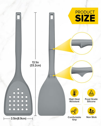 Silicone Spatula, Solid & Slotted Turner, One-Piece, Khaki