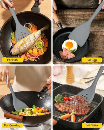Silicone Spatula, Solid & Slotted Turner, One-Piece, Khaki