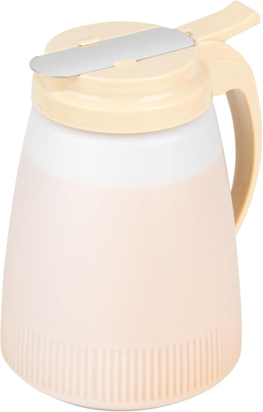 Chef 101 48 Ounce All Purpose Syrup Dispenser, 1 Honey Dispenser - Beige Top, Stainless Steel Slide Cover, Plastic Pancake Syrup Bottle, Perfect For Diners, Restaurants, Home