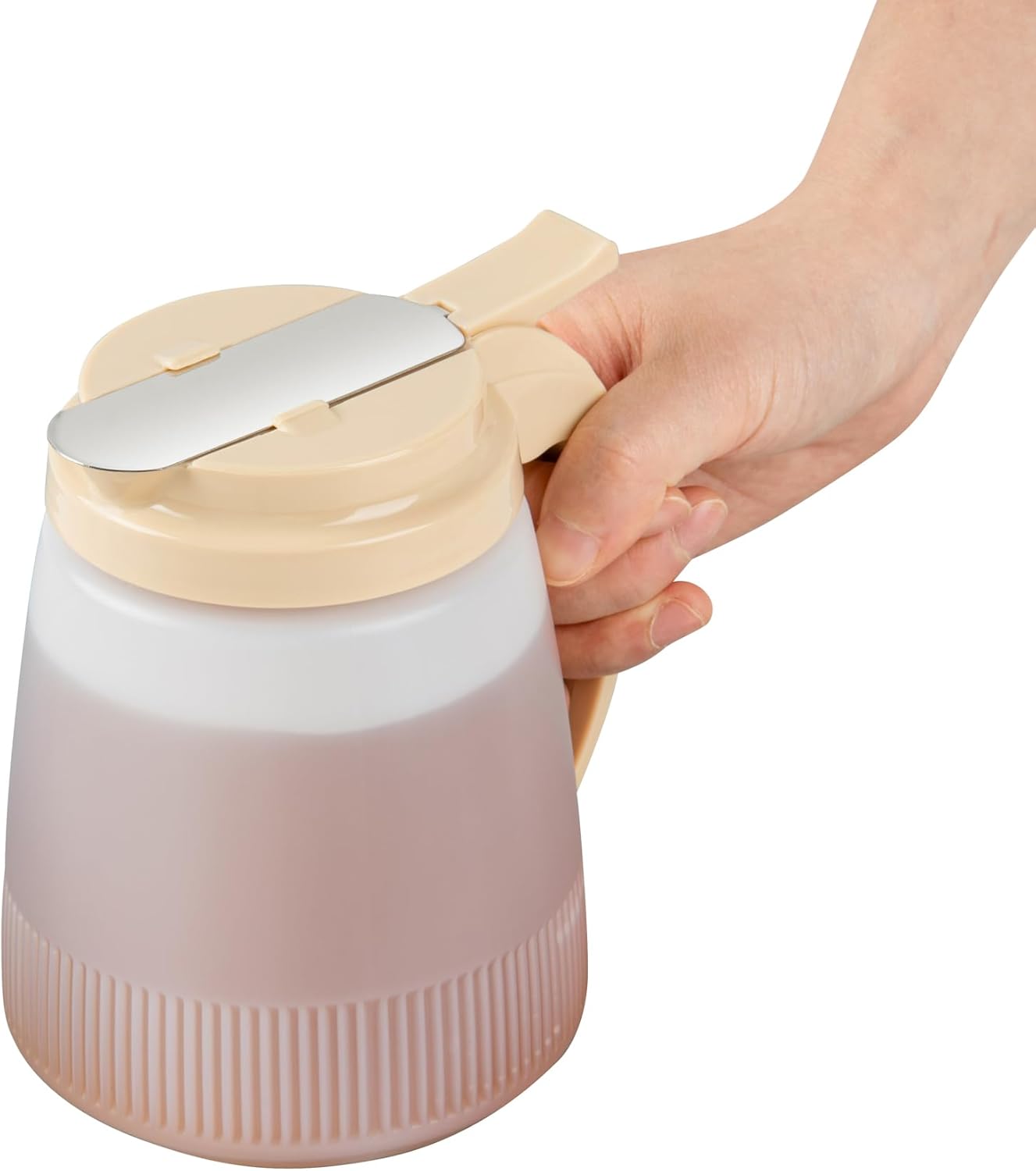 Chef 101 48 Ounce All Purpose Syrup Dispenser, 1 Honey Dispenser - Beige Top, Stainless Steel Slide Cover, Plastic Pancake Syrup Bottle, Perfect For Diners, Restaurants, Home