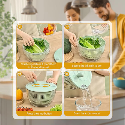 Large Capacity Green Salad Spinner, 4.24 Quart Lettuce Spinner with Dual Drainage, Efficient Salad Dryer for Quick Washing, Spinning & Draining Greens, Fruits, Veggies-with Shredding Blade