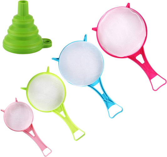 4Pcs Plastic Mesh Strainer Colander Set, Food Soy Milk Flour Sieve Plastic Colander Strainer with Long Handle Icing Sugar Sifters Fine Strainer Tea Filter and Silicone Foldable Funnel
