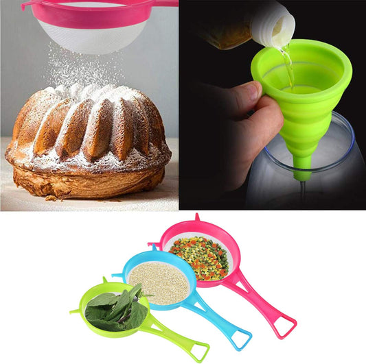 4Pcs Plastic Mesh Strainer Colander Set, Food Soy Milk Flour Sieve Plastic Colander Strainer with Long Handle Icing Sugar Sifters Fine Strainer Tea Filter and Silicone Foldable Funnel