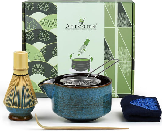 7 Pcs Complete Matcha Ceremony Kit for Tea Ceremony, Bowl with Pouring Spout, Whisk, Tea Scoop, Matcha Powder Strainer, Matcha Tea Set For Making Usucha, Koicha and Matcha Latte (Sapphire)