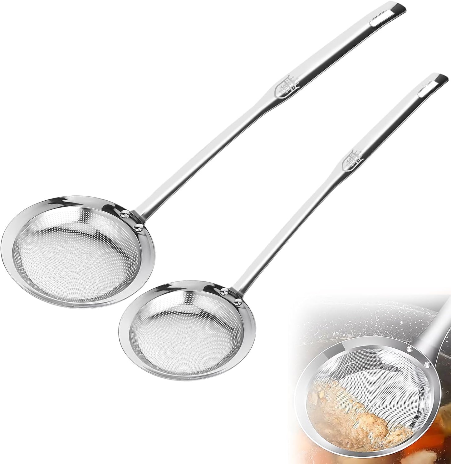 Fine Mesh Stainless Steel Sieve Colander(2 Pack, Large+Small) | Mesh Strainer for Cooking Oil | Skimmer Spoon Filte Grease Foam | Food Strainer Kitchen Gadgets