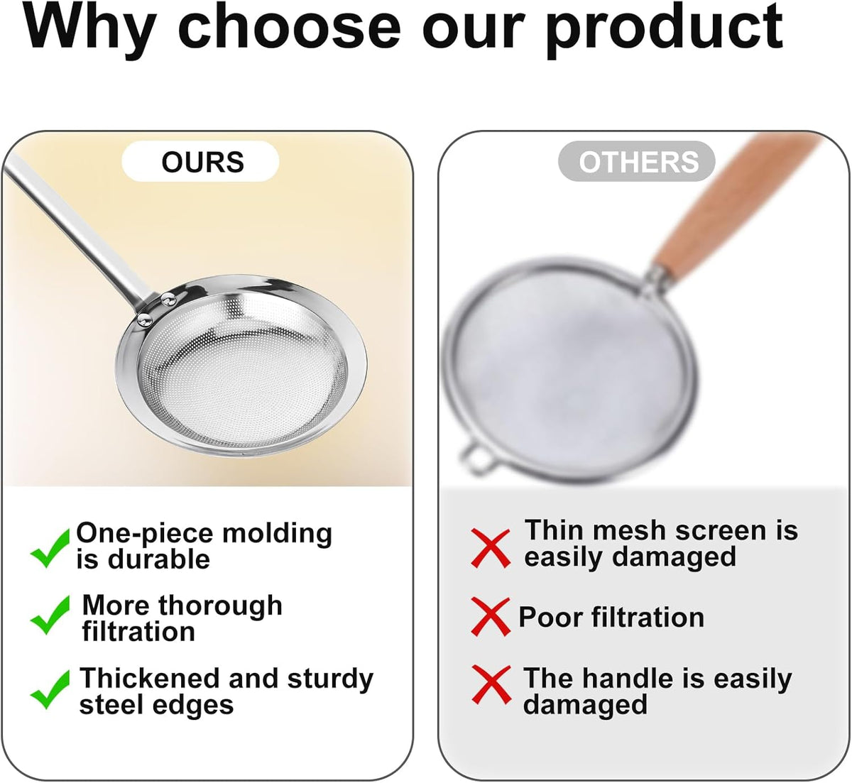 Fine Mesh Stainless Steel Sieve Colander(2 Pack, Large+Small) | Mesh Strainer for Cooking Oil | Skimmer Spoon Filte Grease Foam | Food Strainer Kitchen Gadgets