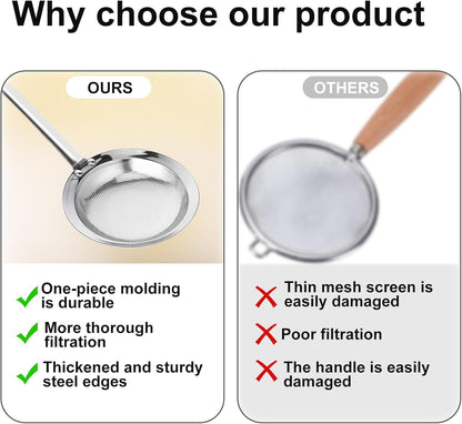 Fine Mesh Stainless Steel Sieve Colander(2 Pack, Large+Small) | Mesh Strainer for Cooking Oil | Skimmer Spoon Filte Grease Foam | Food Strainer Kitchen Gadgets