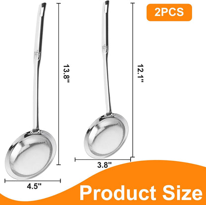 Fine Mesh Stainless Steel Sieve Colander(2 Pack, Large+Small) | Mesh Strainer for Cooking Oil | Skimmer Spoon Filte Grease Foam | Food Strainer Kitchen Gadgets