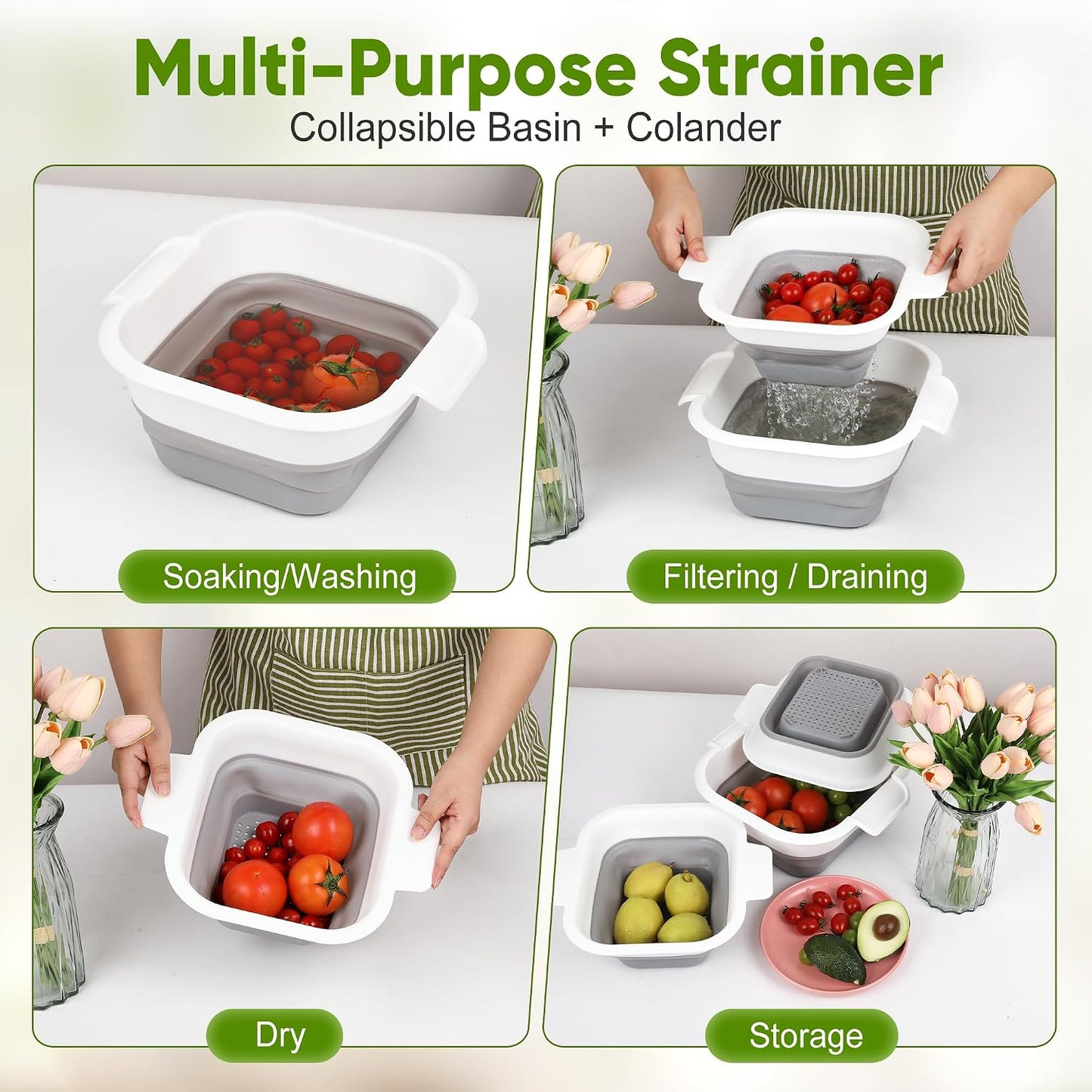Collapsible Colander Set with Strainer Bowl, 2 in 1 Fruit Washing Basket with Strainer, 5 + 3 QT Plastic Colanders for Kitchen, Foldable Double Layered Colanders Bowl for Vegetable, Grey