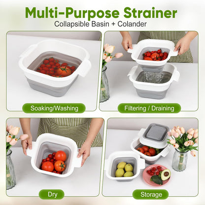 Collapsible Colander Set with Strainer Bowl, 2 in 1 Fruit Washing Basket with Strainer, 5 + 3 QT Plastic Colanders for Kitchen, Foldable Double Layered Colanders Bowl for Vegetable, Grey