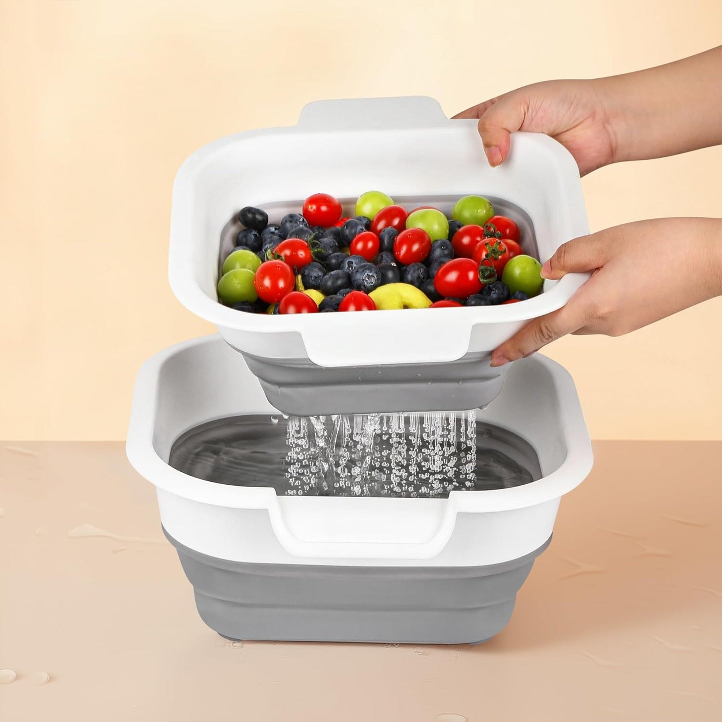 Collapsible Colander Set with Strainer Bowl, 2 in 1 Fruit Washing Basket with Strainer, 5 + 3 QT Plastic Colanders for Kitchen, Foldable Double Layered Colanders Bowl for Vegetable, Grey