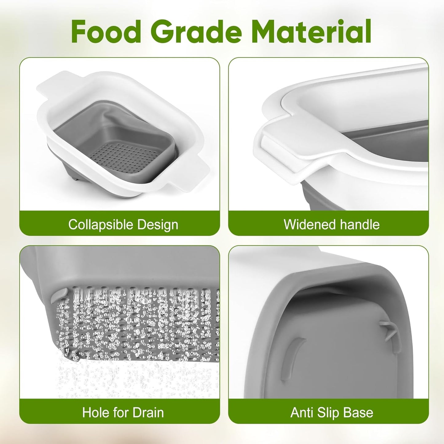 Collapsible Colander Set with Strainer Bowl, 2 in 1 Fruit Washing Basket with Strainer, 5 + 3 QT Plastic Colanders for Kitchen, Foldable Double Layered Colanders Bowl for Vegetable, Grey