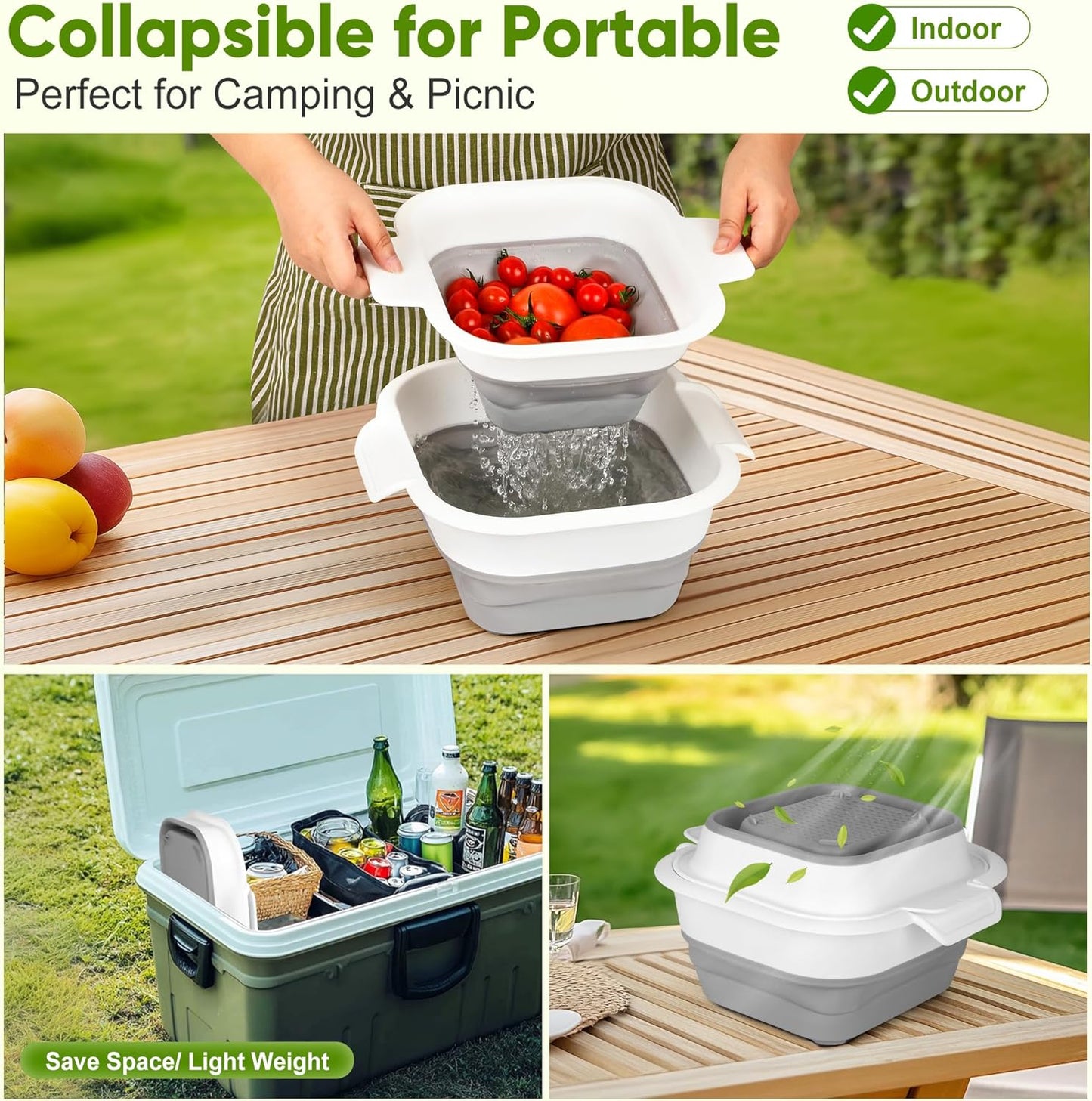 Collapsible Colander Set with Strainer Bowl, 2 in 1 Fruit Washing Basket with Strainer, 5 + 3 QT Plastic Colanders for Kitchen, Foldable Double Layered Colanders Bowl for Vegetable, Grey