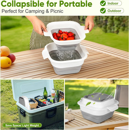 Collapsible Colander Set with Strainer Bowl, 2 in 1 Fruit Washing Basket with Strainer, 5 + 3 QT Plastic Colanders for Kitchen, Foldable Double Layered Colanders Bowl for Vegetable, Grey